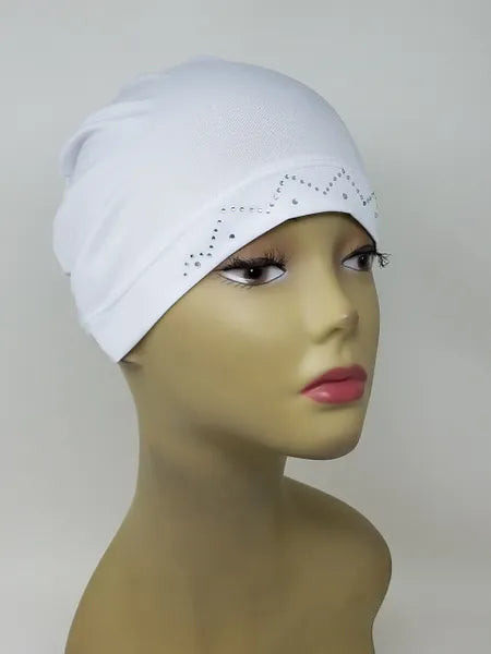 White stretch cap hijab on mannequin head, soft snug undercap, breathable fabric, comfortable everyday hijab cap, modest headwear for women