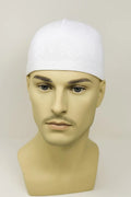 White stretch kufi prayer cap for men, breathable Muslim skull cap, soft fitted taqiyah hat for salah, Ramadan, and everyday Islamic wear