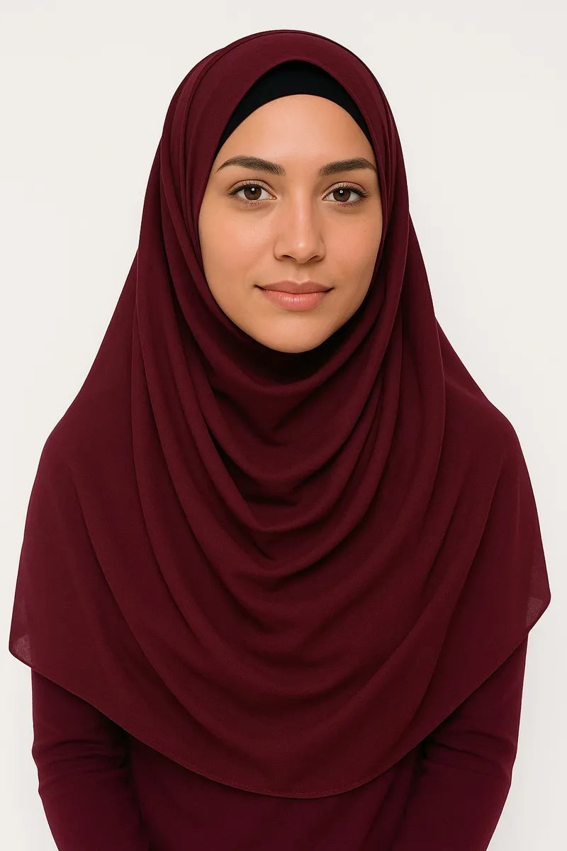 Wine chiffon hijab scarf for women, burgundy modest headscarf, soft lightweight breathable Muslim wrap, full coverage elegant drape, everyday and formal styling
