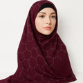 Wine chiffon hijab with rhinestone geometric pattern styled on model, elegant full coverage modest scarf for special occasions USA