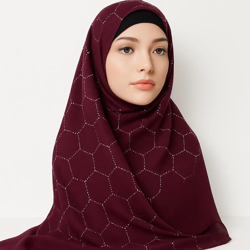 Wine chiffon hijab with rhinestone geometric pattern styled on model, elegant full coverage modest scarf for special occasions USA