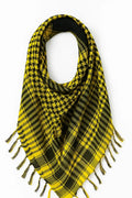 Yellow and black keffiyeh scarf with traditional checkered pattern and tassel edges, lightweight square shemagh scarf displayed on white background, bold Arab style scarf from Affordable Hijab USA