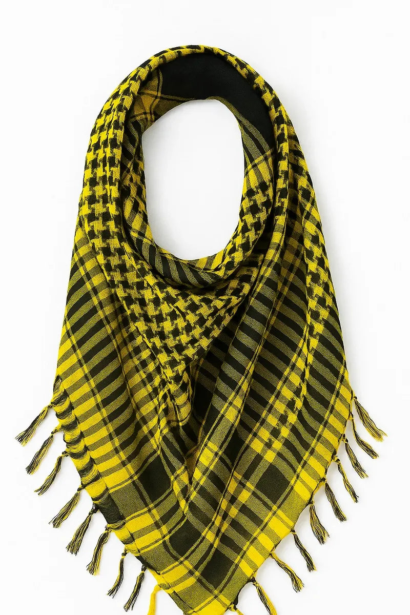 Yellow and black keffiyeh scarf with traditional checkered pattern and tassel edges, lightweight square shemagh scarf displayed on white background, bold Arab style scarf from Affordable Hijab USA