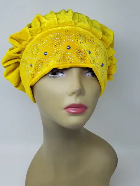 Yellow rhinestone turban cap for women with embellished beaded front detail, soft stretch turban hat, modest fashion head covering, pre tied turban cap for chemo, alopecia, or everyday wear, bright yellow Islamic headwear, comfortable slip on turban cap for stylish and elegant looks