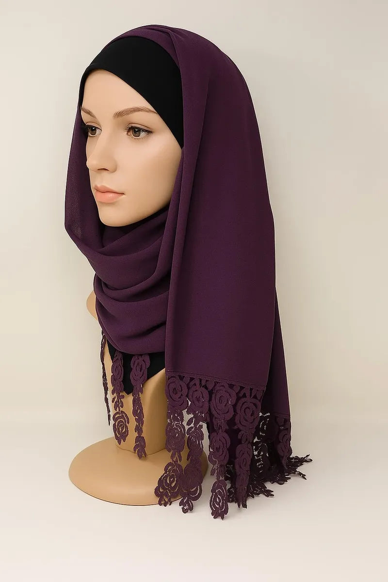 Plum Lace Trim Tassel Hijab