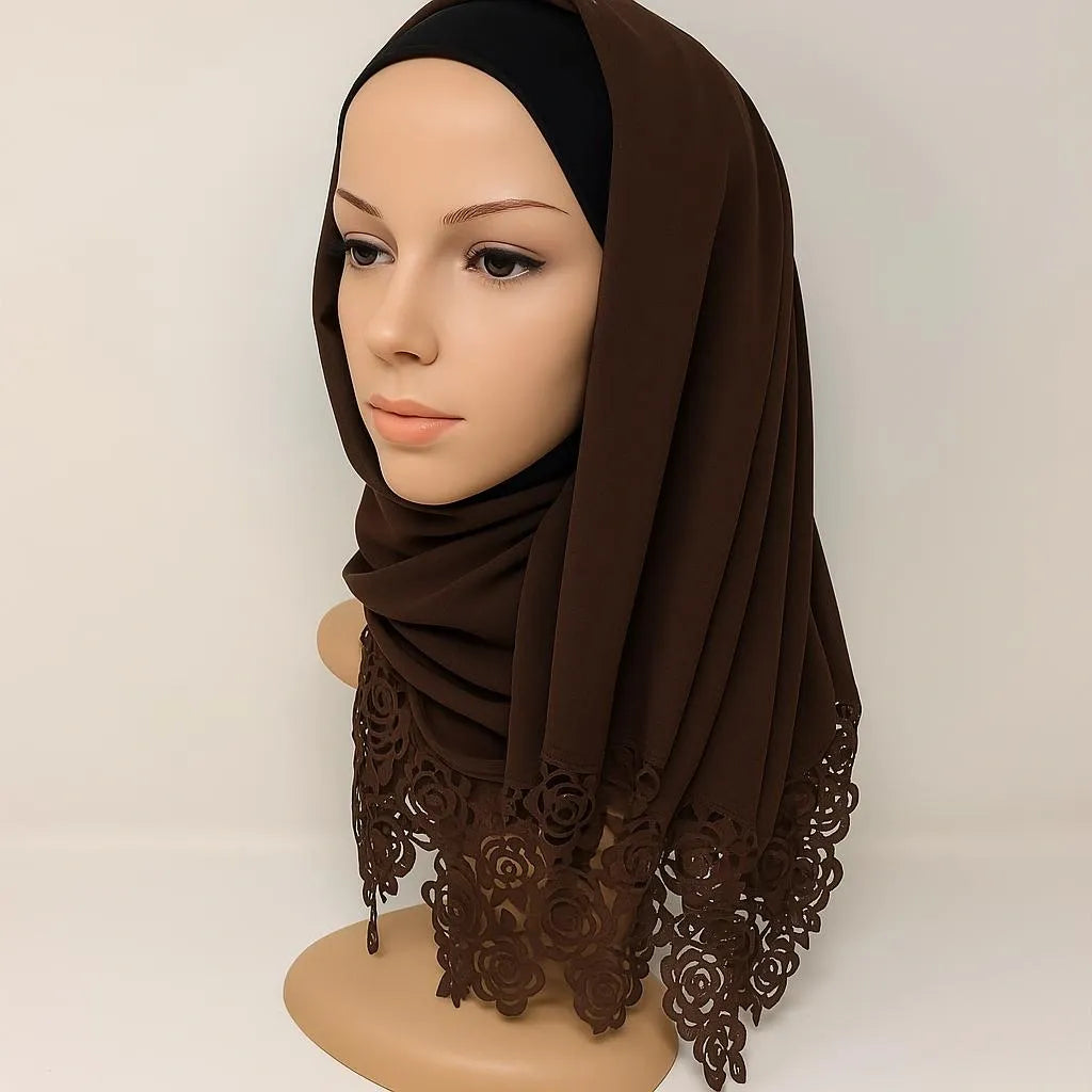 Chocolate Brown Lace Trim Tassel Hijab