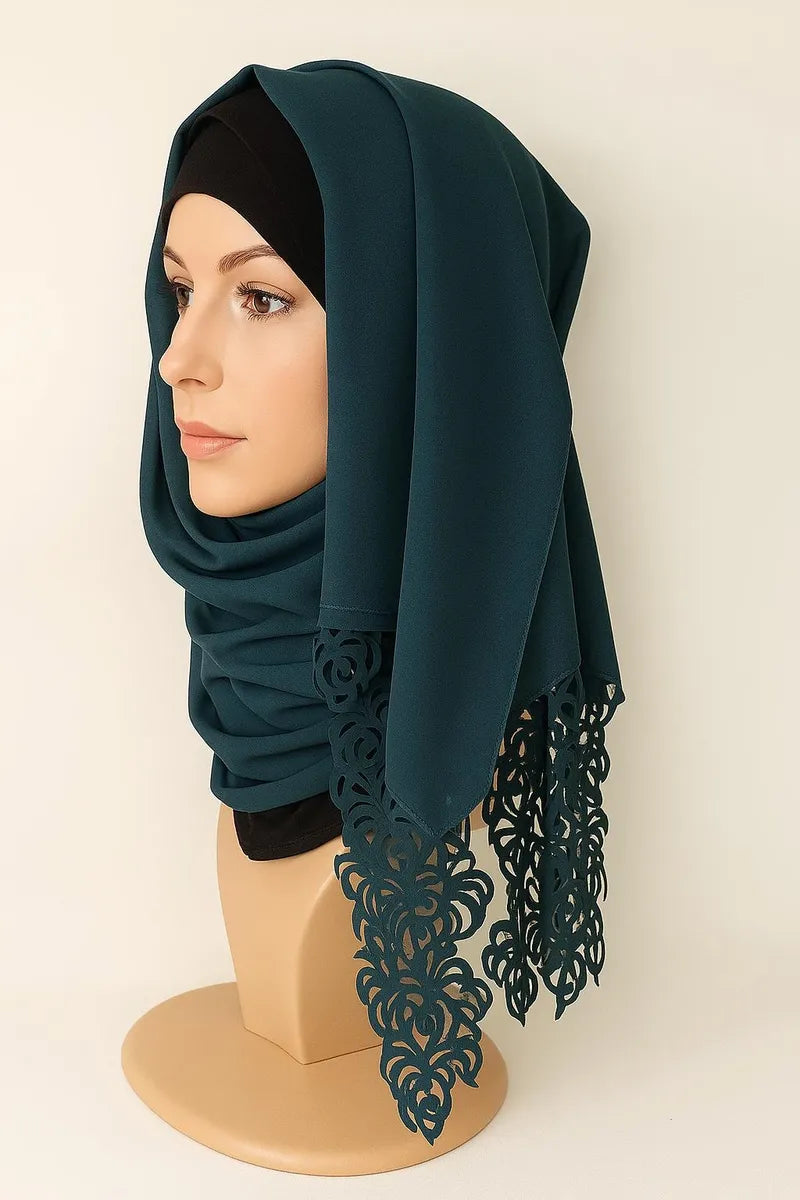 Deep Teal Lace Trim Tassel Hijab
