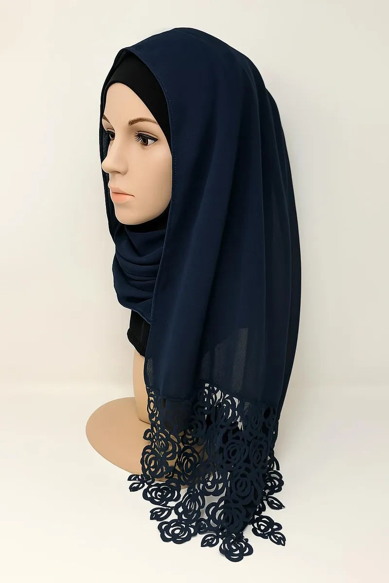 Navy Blue Lace Trim Tassel Hijab