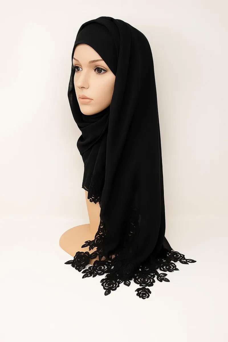 Black Lace Trim Tassel Hijab