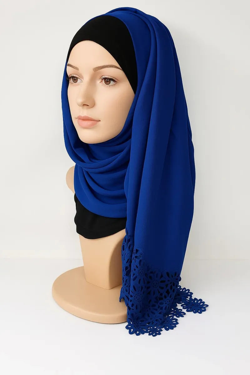 Royal Blue Lace Trim Tassel Hijab
