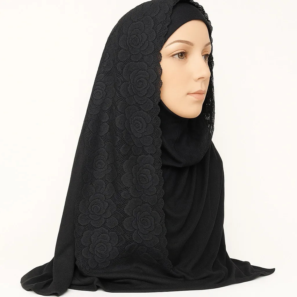 Black Jersey Lace Trim Hijab