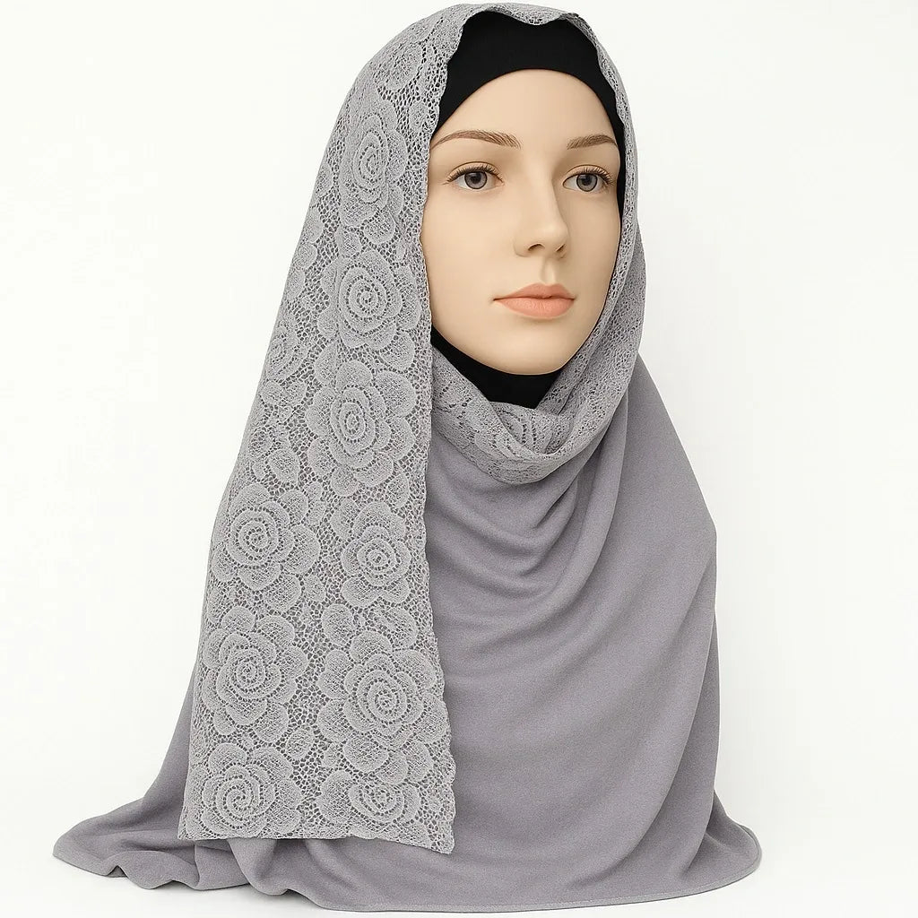Grey Jersey Lace Trim Hijab