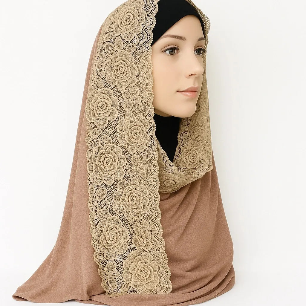 Brown Jersey Lace Trim Hijab