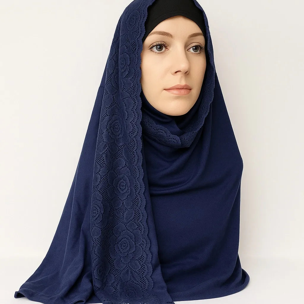 Navy Blue Jersey Lace Trim Hijab