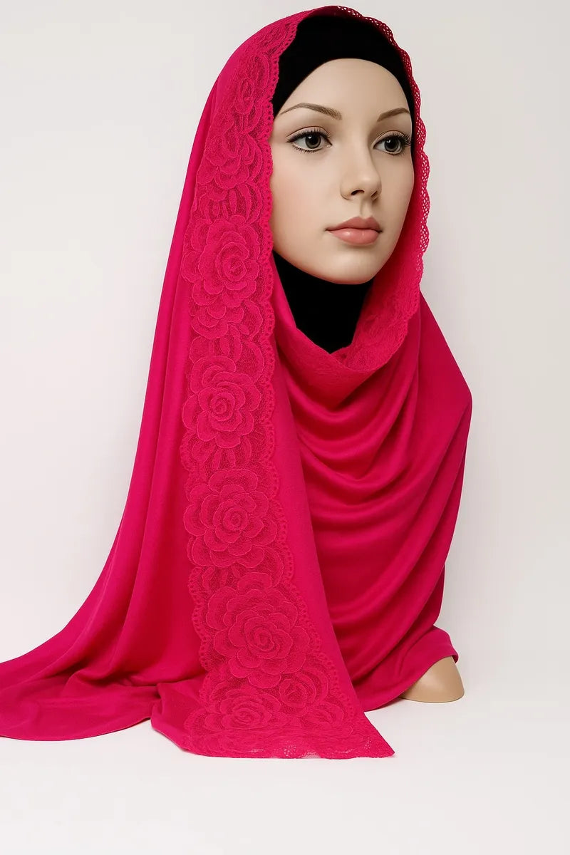 Hot Pink Jersey Lace Trim Hijab