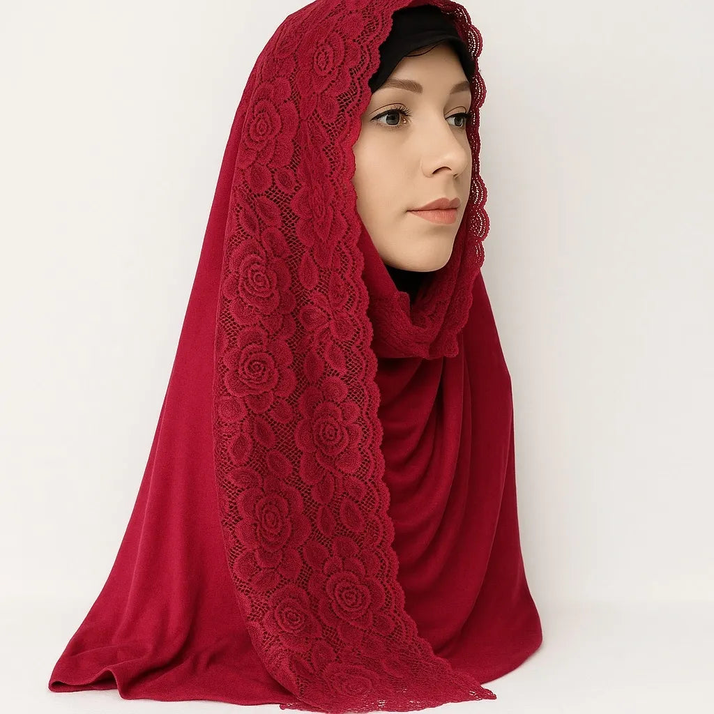 Red Jersey Lace Trim Hijab