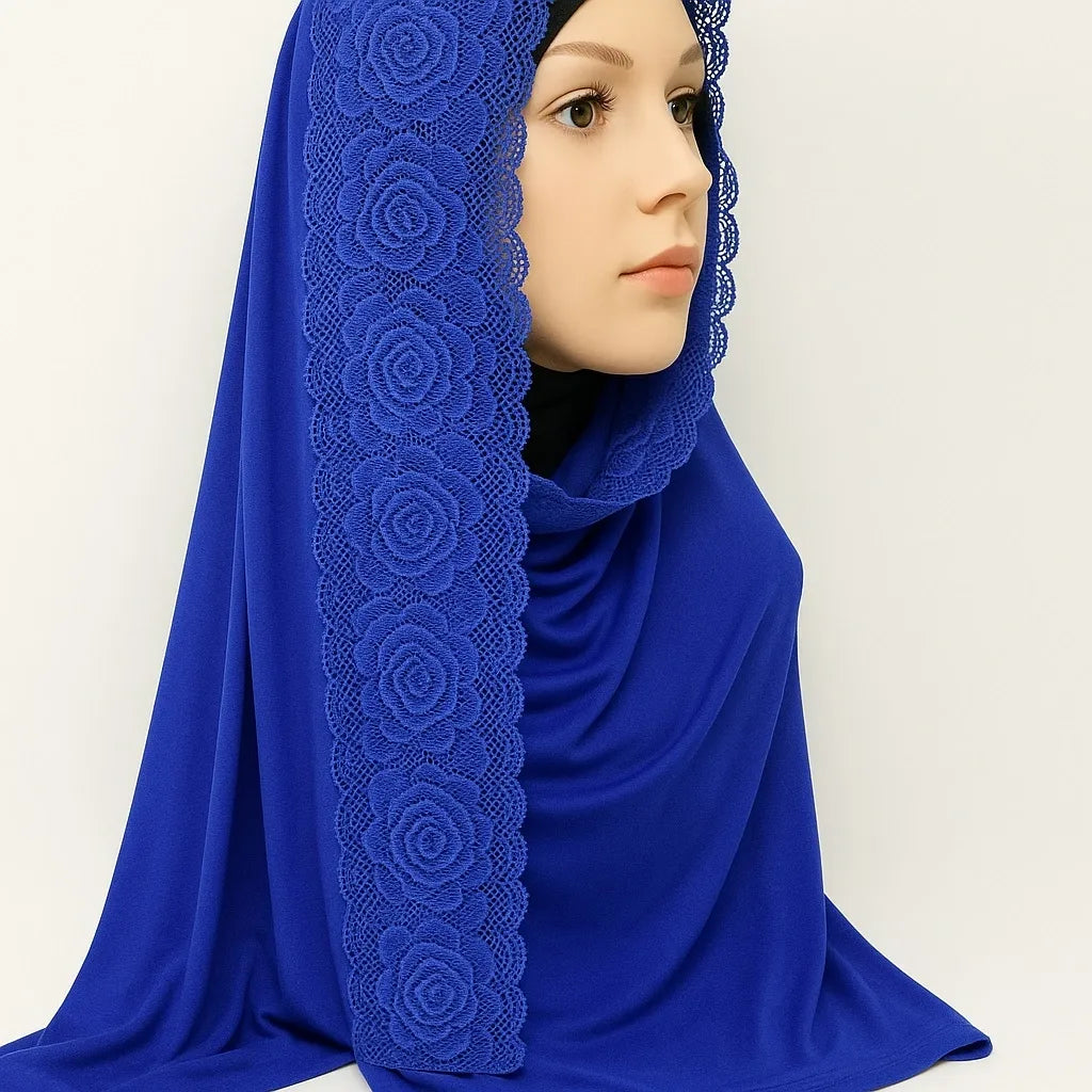 Royal Blue Jersey Lace Trim Hijab