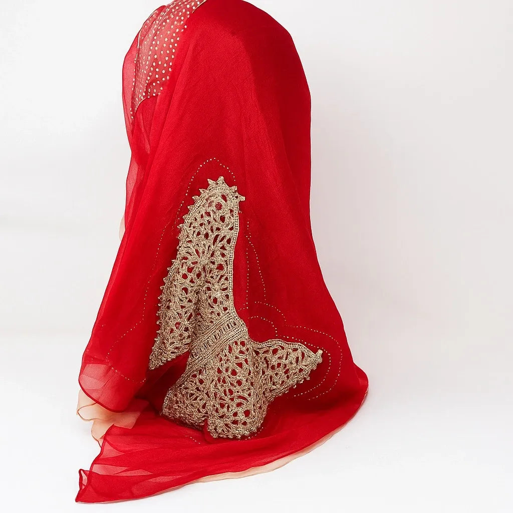 Red Chiffon Hijab with Gold Lace