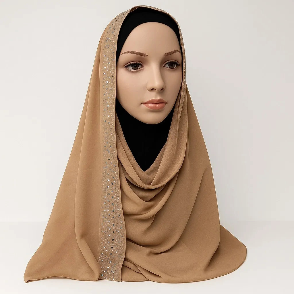Beige Chiffon Hijab with Rhinestones