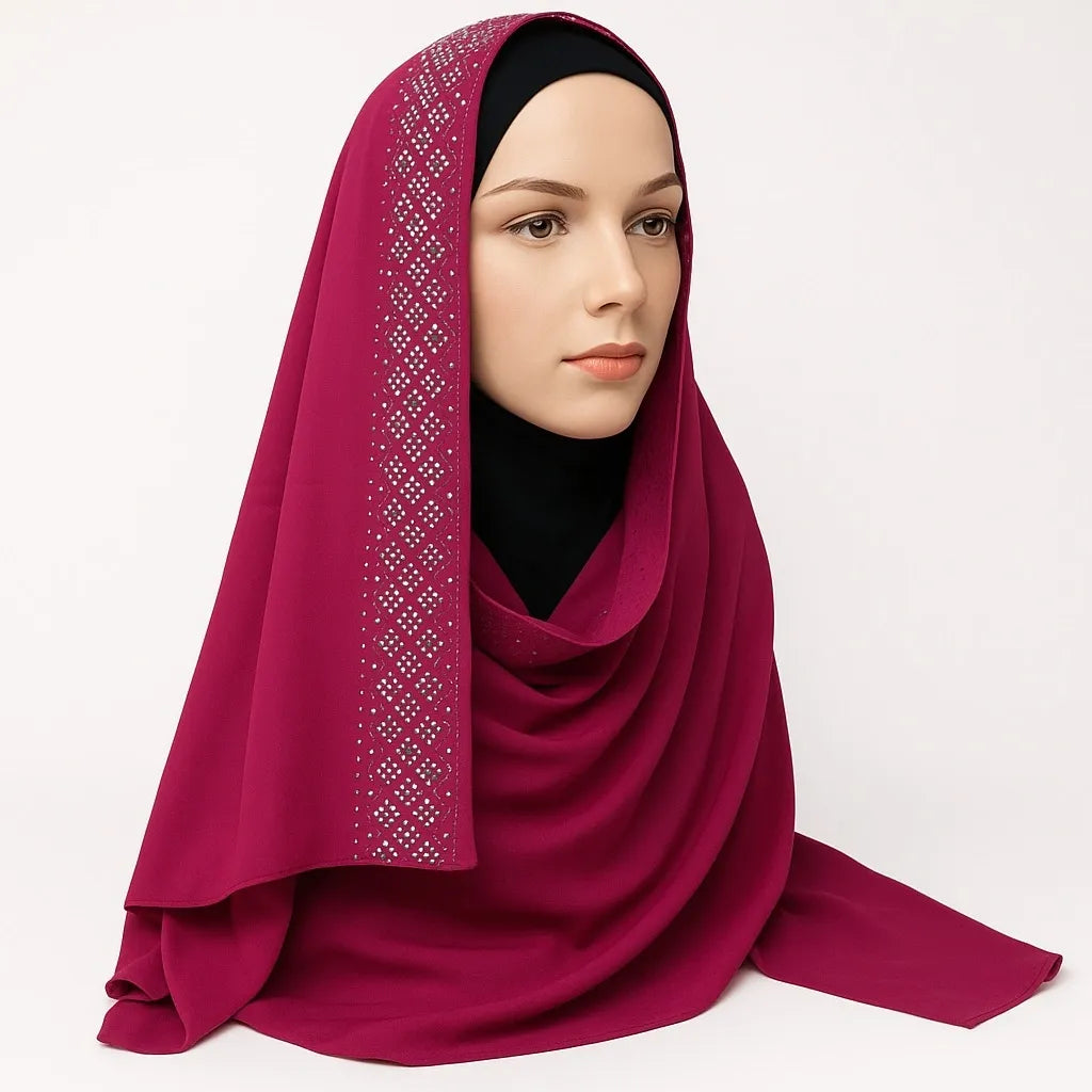 Berry Rhinestone Chiffon Hijab