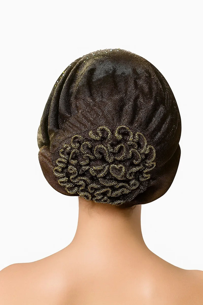 Black Rhinestone Bun Turban Cap