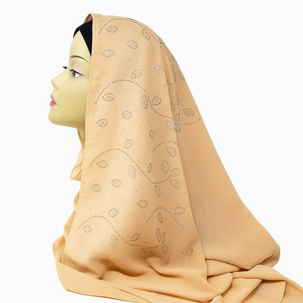 Beige Rhinestone Chiffon Hijab