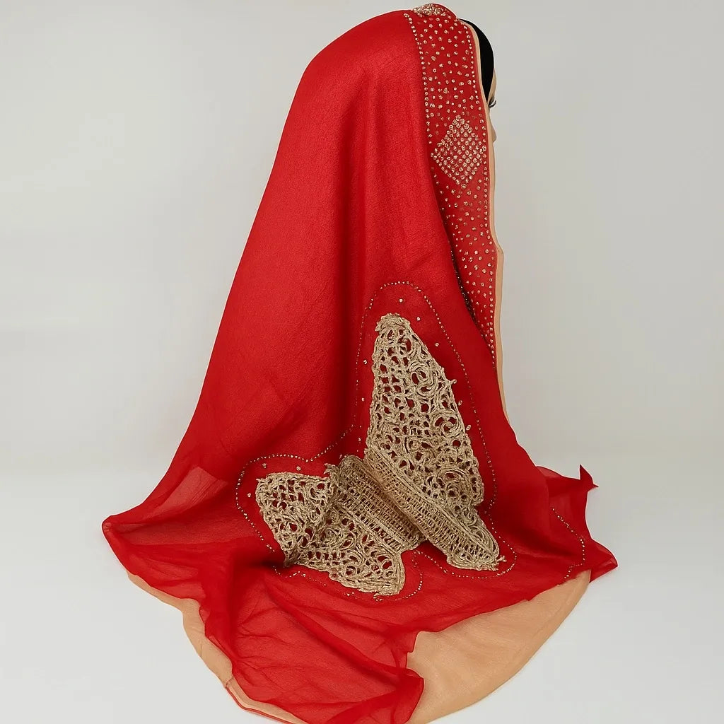 Red Chiffon Hijab with Gold Lace