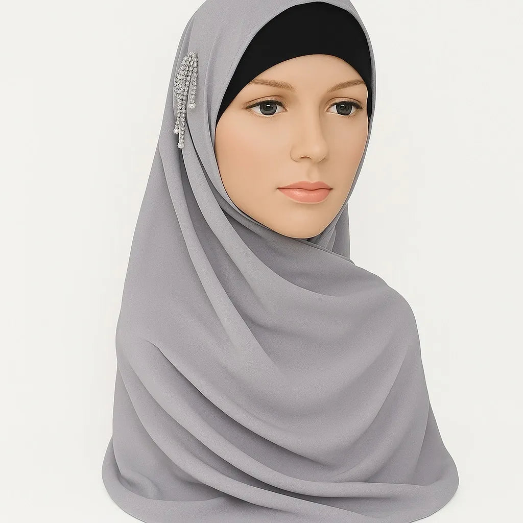 Light Gray Hijab Scarf with Silver Crystal Detail