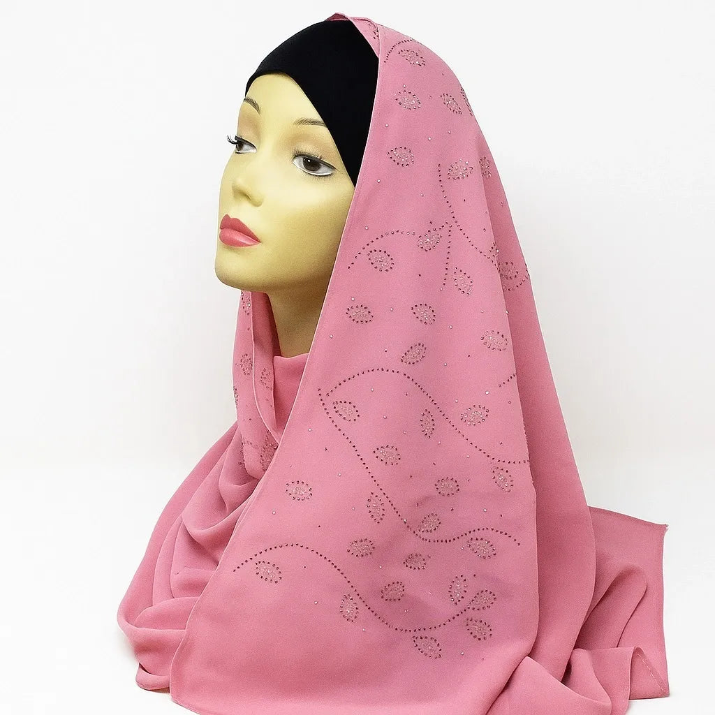 Pink Rhinestone Chiffon Hijab