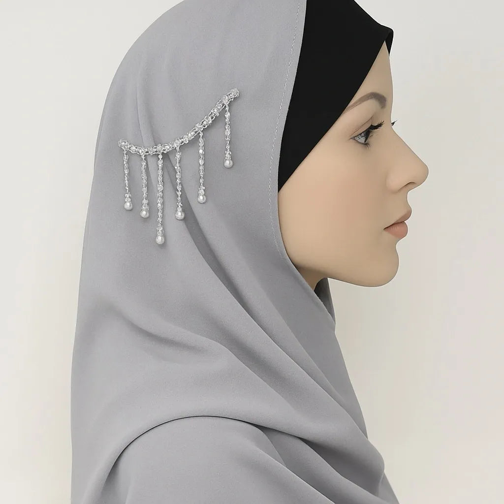 Light Gray Hijab Scarf with Silver Crystal Detail