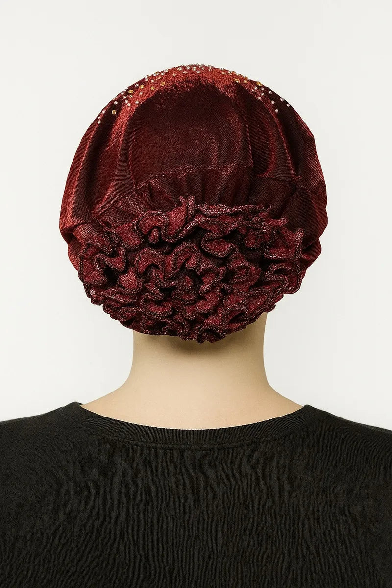 Red Rhinestone Bun Turban Cap