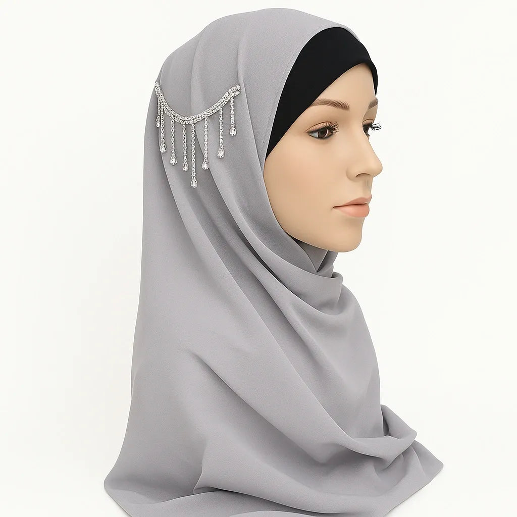 Light Gray Hijab Scarf with Silver Crystal Detail