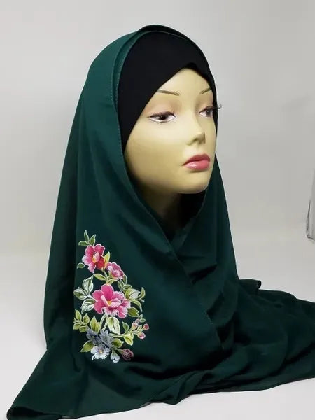 Dark Green Floral Print Hijab Scarf