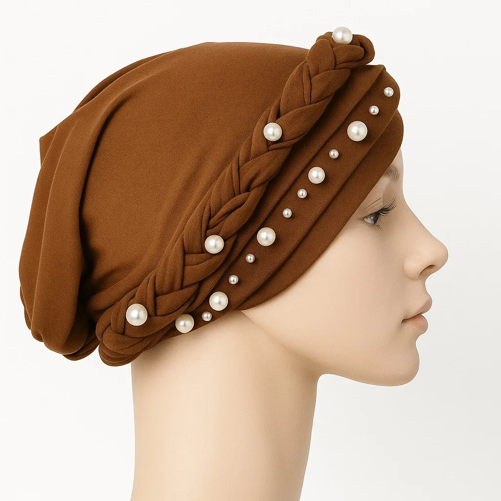 Brown Pearl Embellished Turban Cap