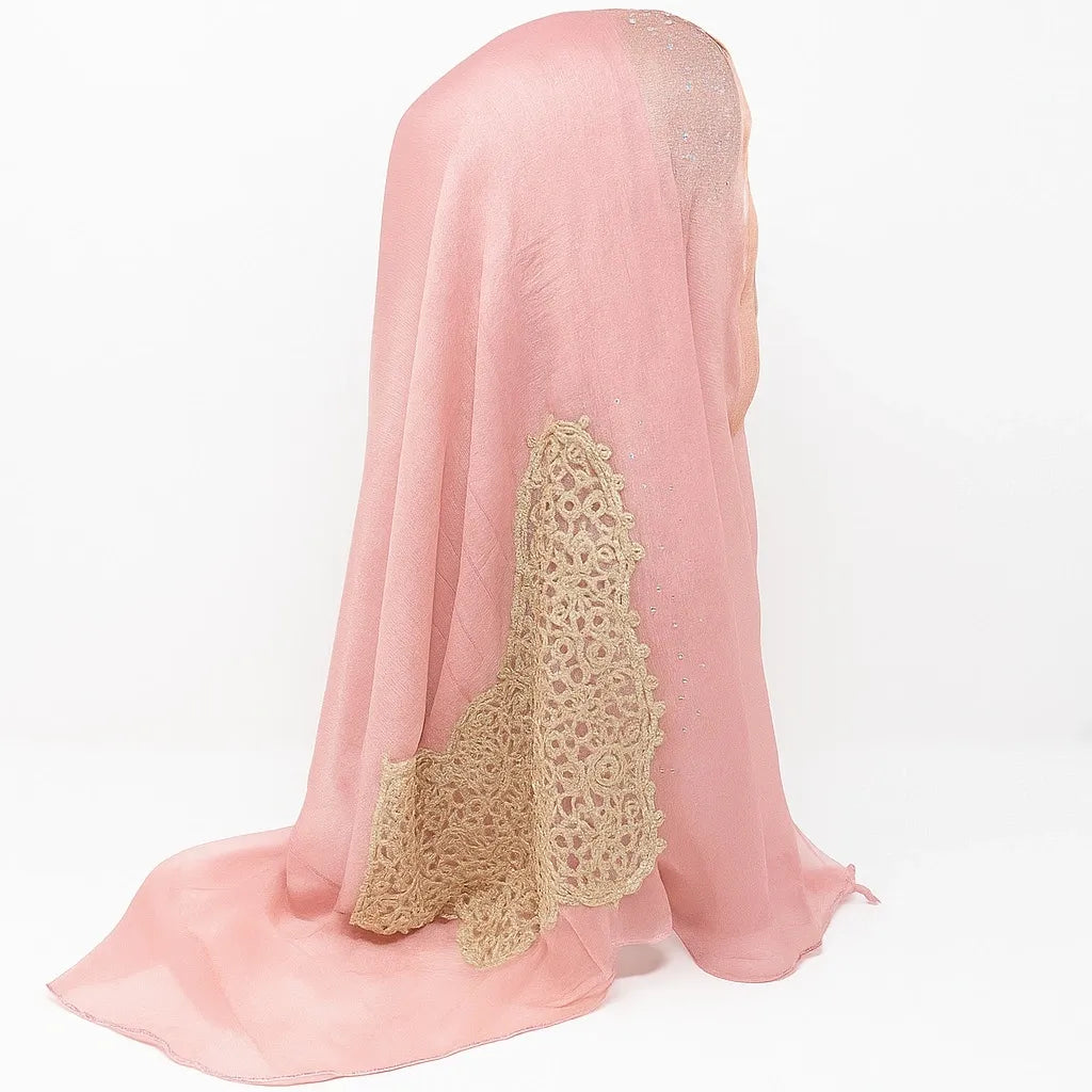 Blush Pink Chiffon Hijab with Gold Lace