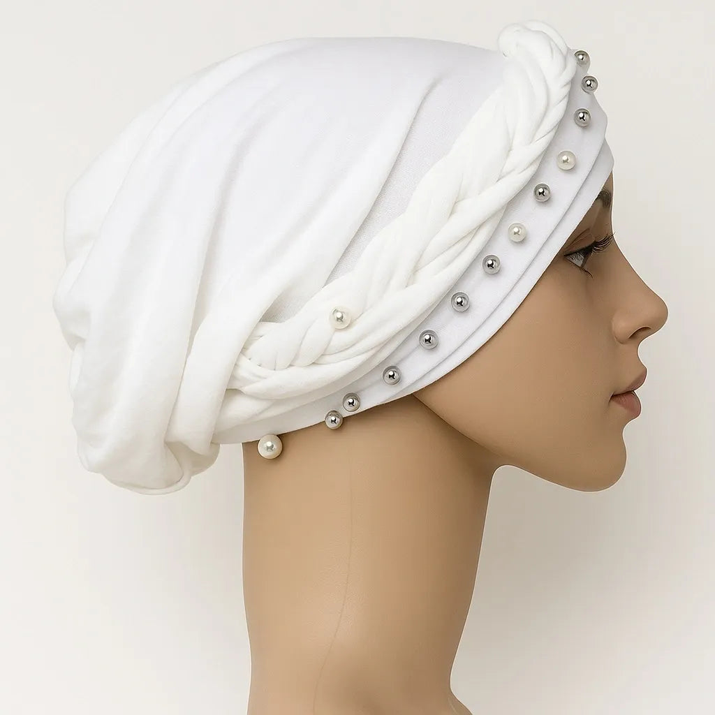 White Pearl Embellished Turban Cap