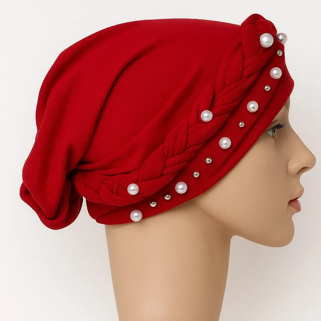 Red Pearl Embellished Turban Cap