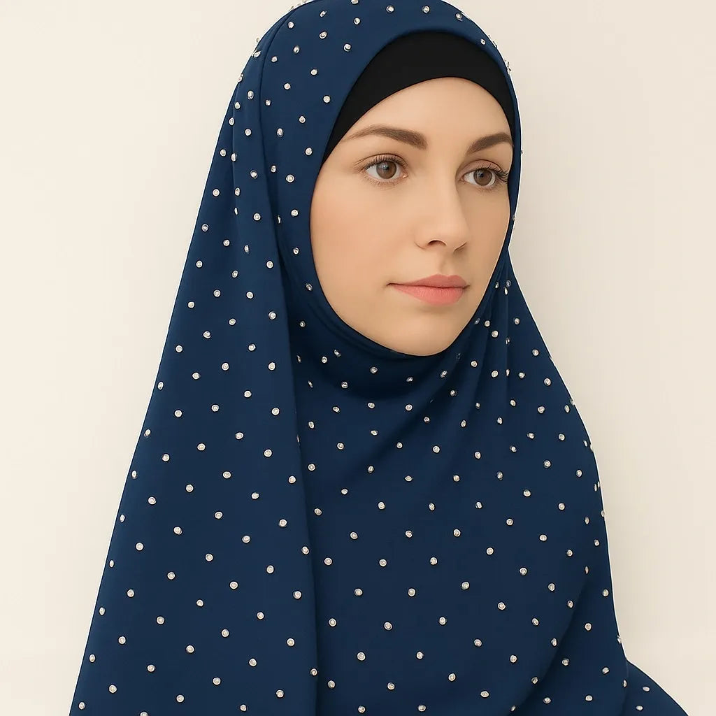 Navy Pearl Beaded Chiffon Hijab