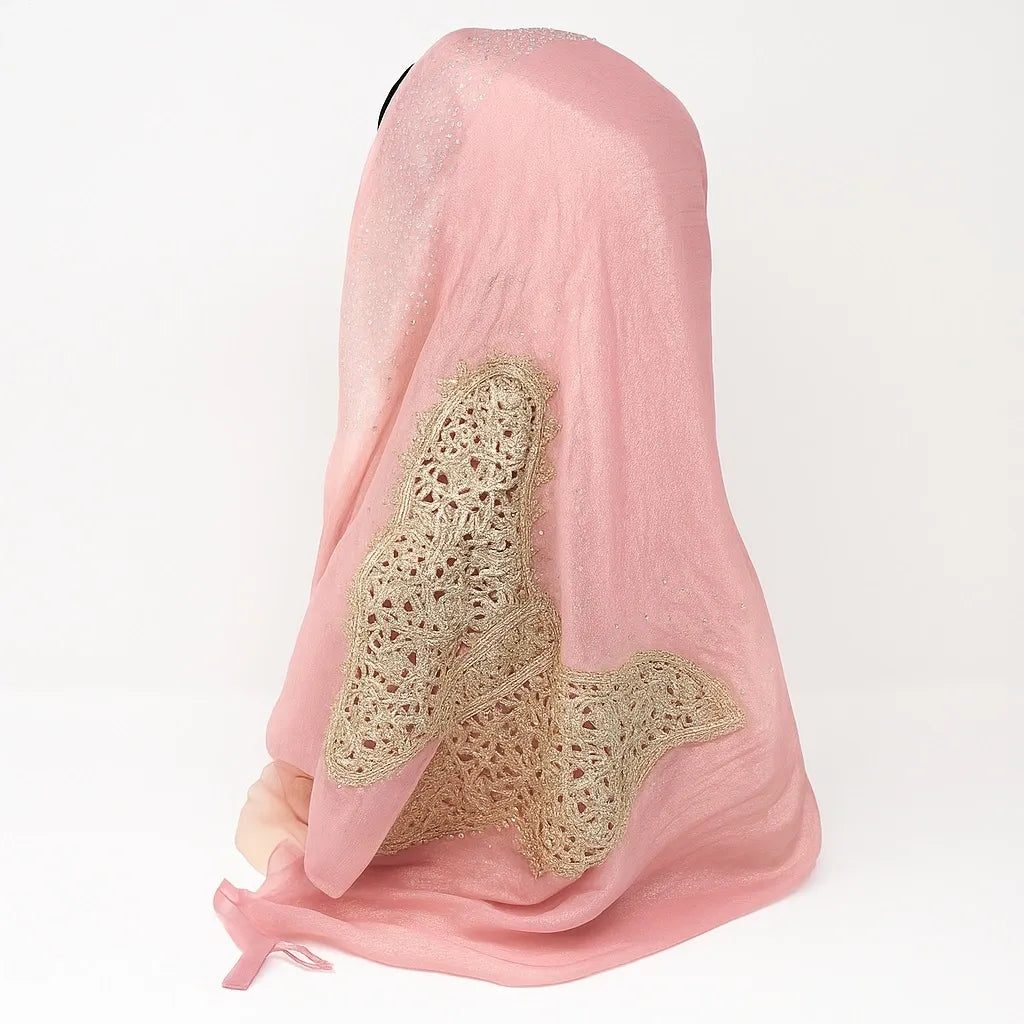Blush Pink Chiffon Hijab with Gold Lace