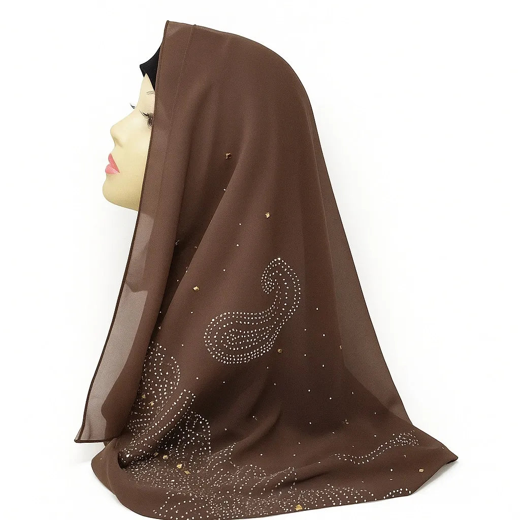 Brown Rhinestone Chiffon Hijab