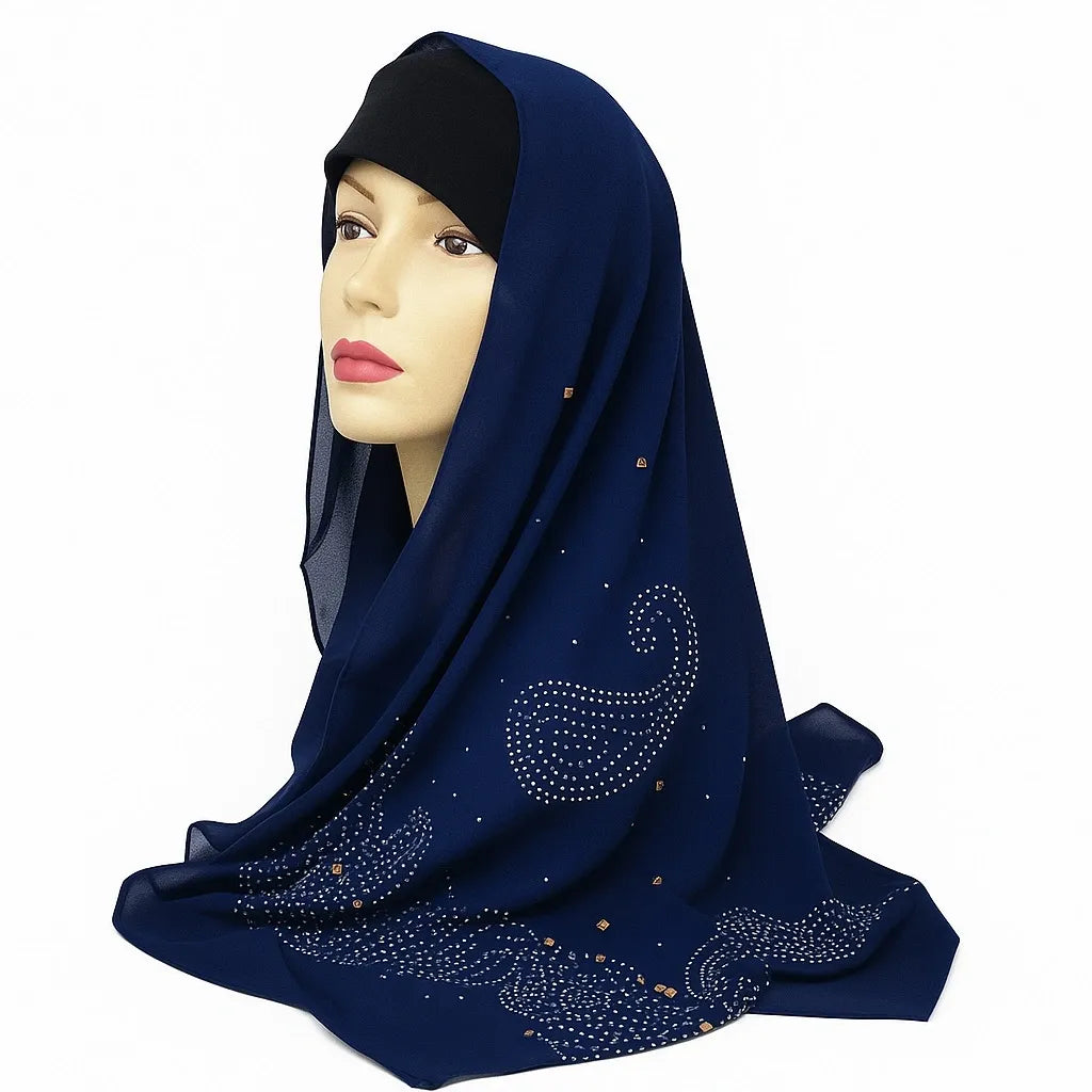 Navy Blue Embellished Chiffon Hijab