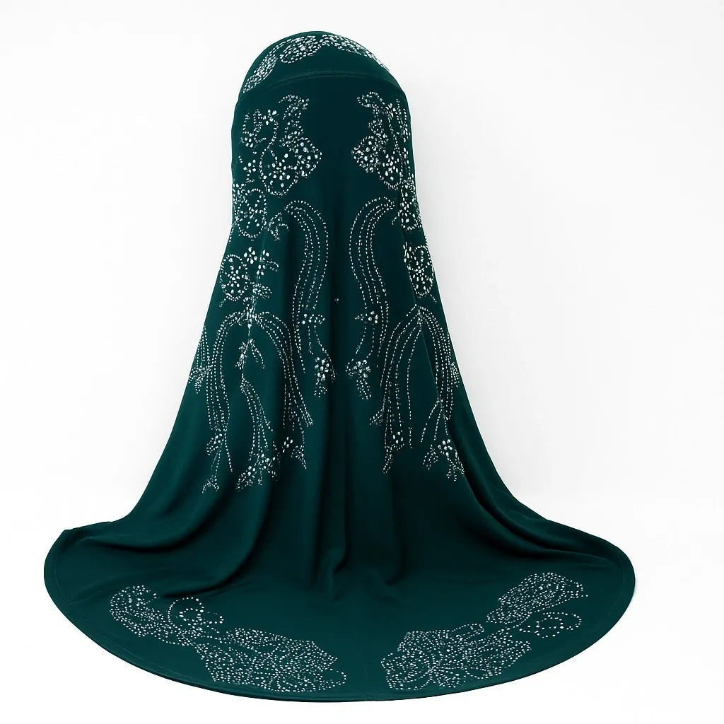 Dark Green Rhinestone One-Piece Khimar Hijab