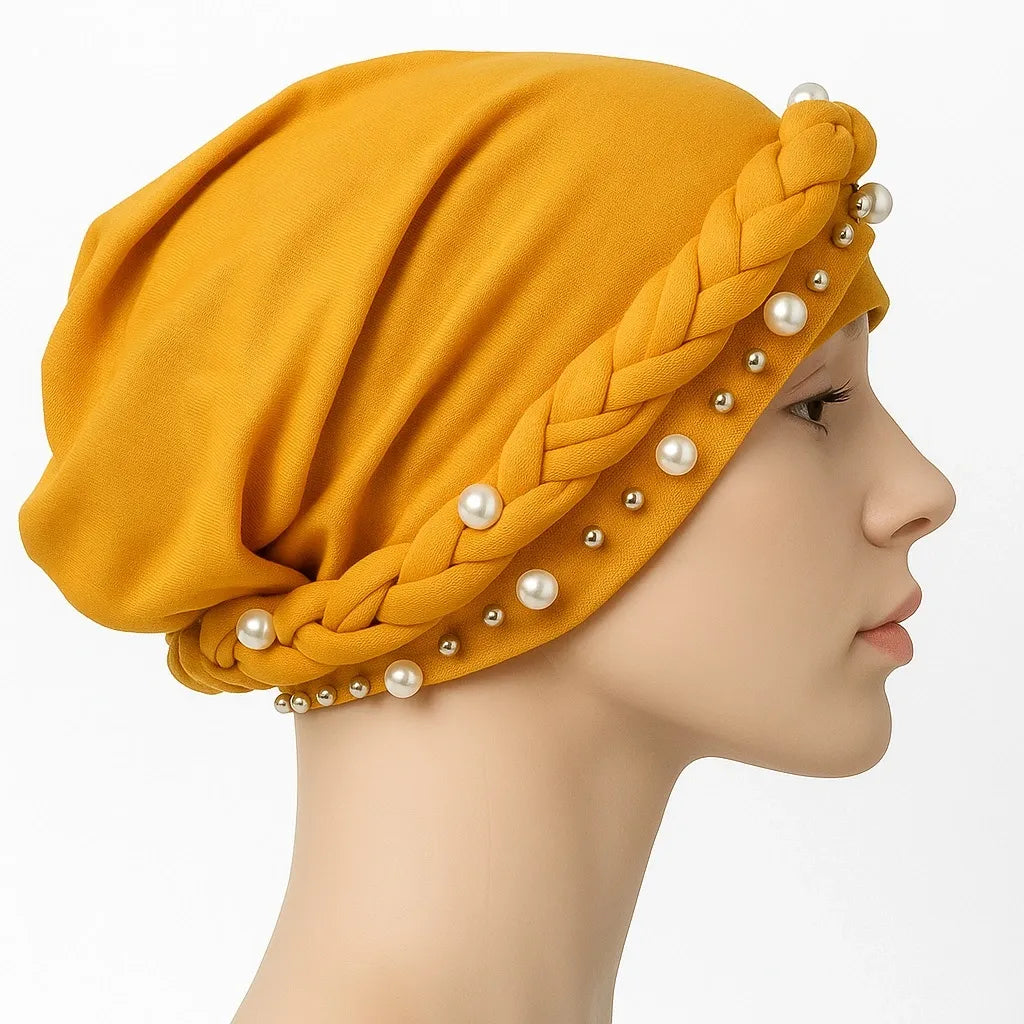 Mustard Pearl Embellished Turban Cap