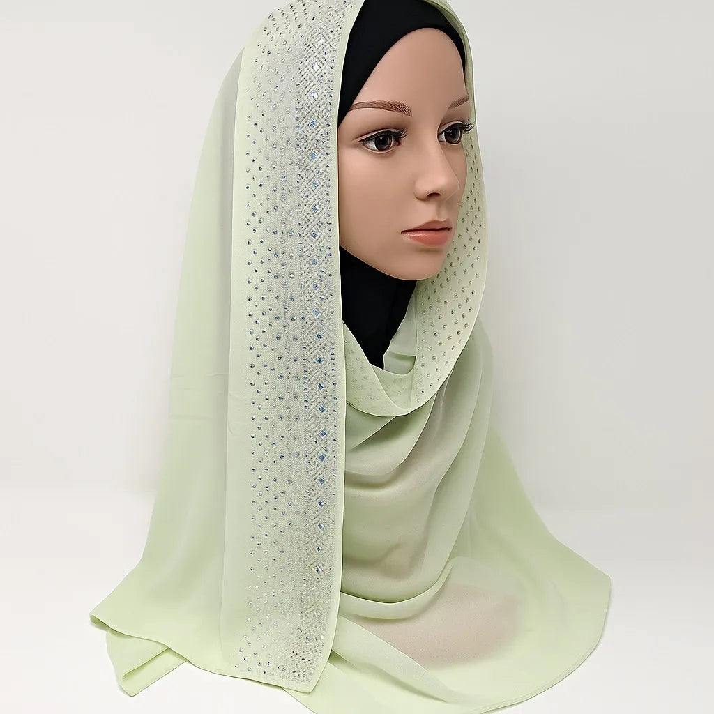 Pistachio Green Chiffon Hijab with Rhinestones