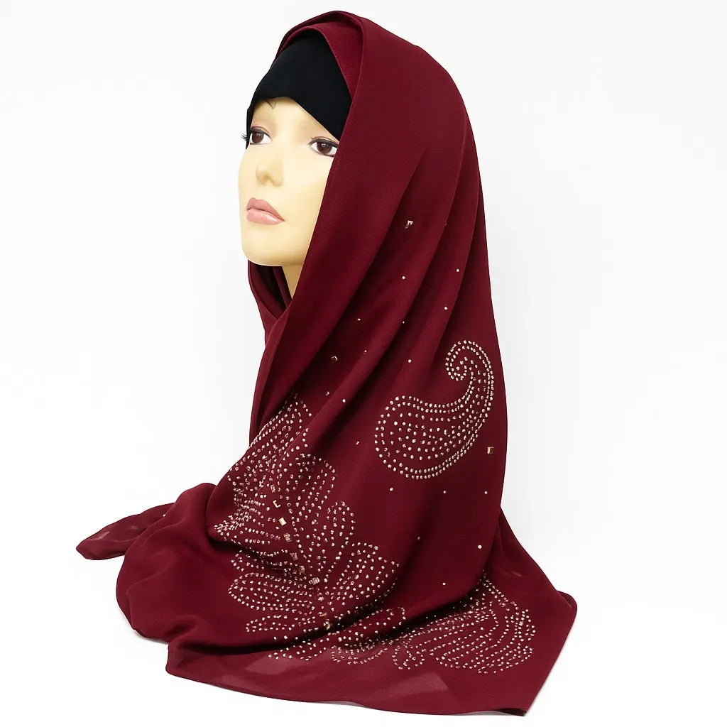 Burgundy Rhinestone Chiffon Hijab