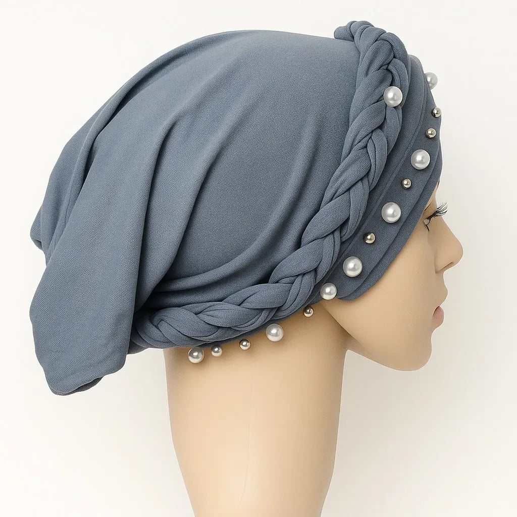 Gray Pearl Embellished Turban Cap