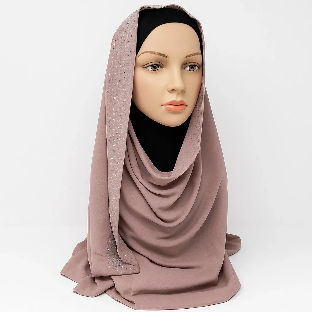 Dusty rose chiffon hijab with sparkling rhinestones modest Islamic scarf formal style