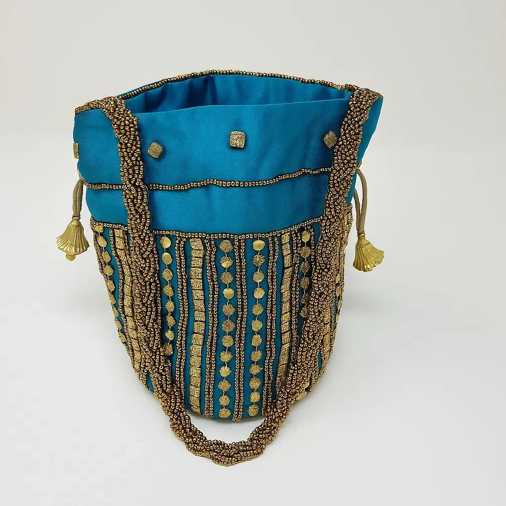Teal Beaded Mini Bucket Handbag