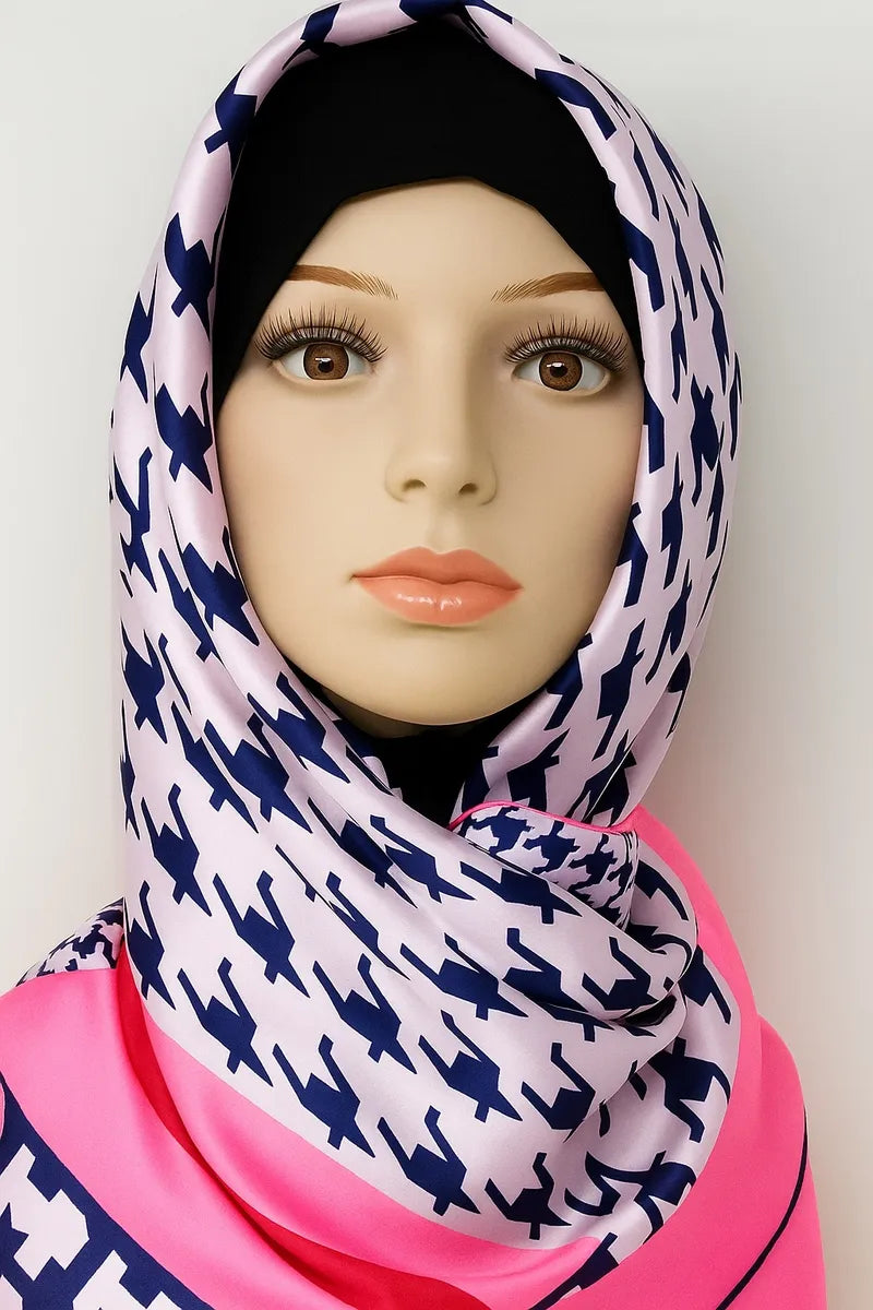 Navy Pink Geometric Satin Square Hijab