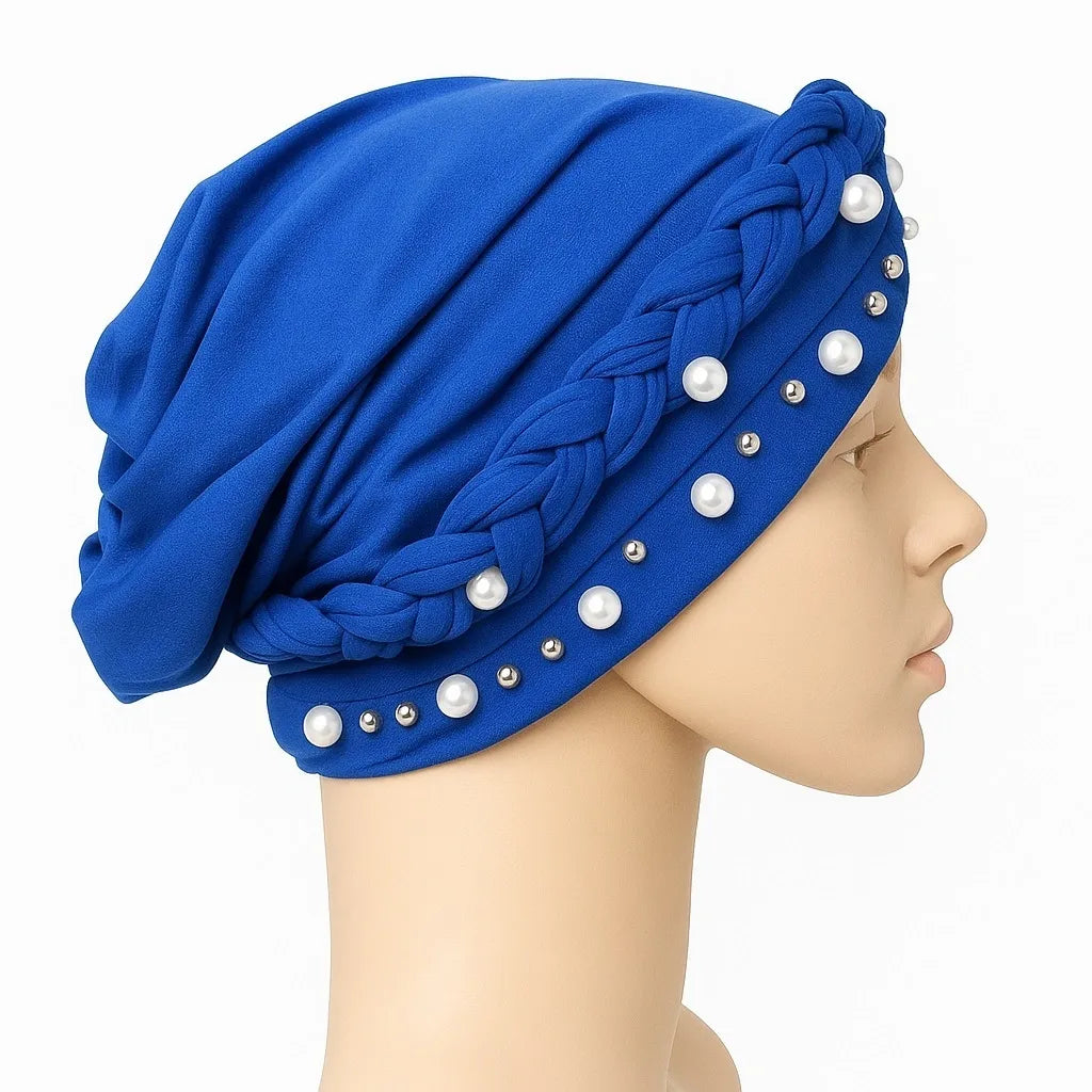 Royal Blue Pearl Embellished Jersey Turban Cap